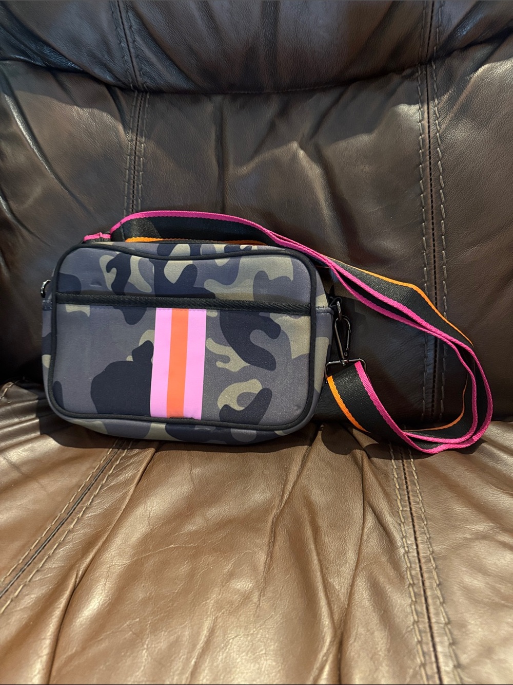 Camouflage Crossbody Bag with Pink Stripe